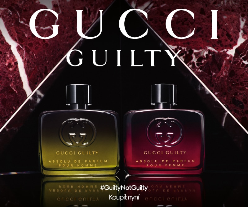 MRND_CZ_800x667pxHP Banner.jpg Parfém Gucci Guilty – dámský a pánský Absolu de Parfum, luxusní duo na černém a mramorovém pozadí.